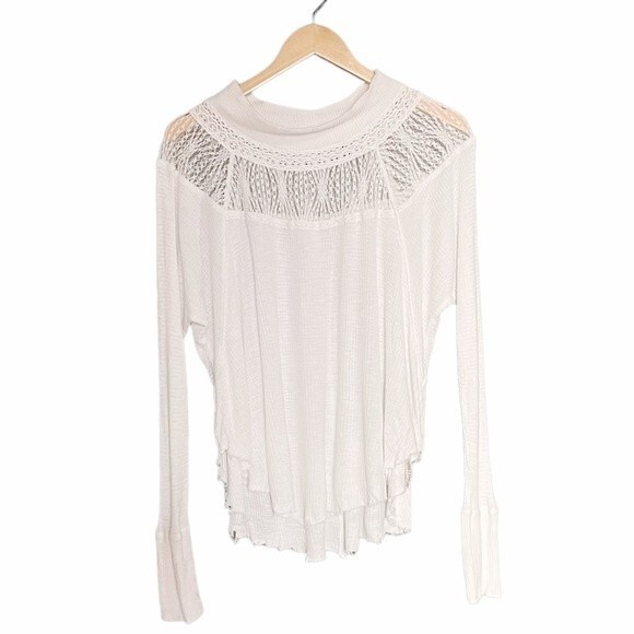 Free People Spring Valley Thermal Tee Lace Inset Oversized Raw Hem Size Small - Picture 2 of 11